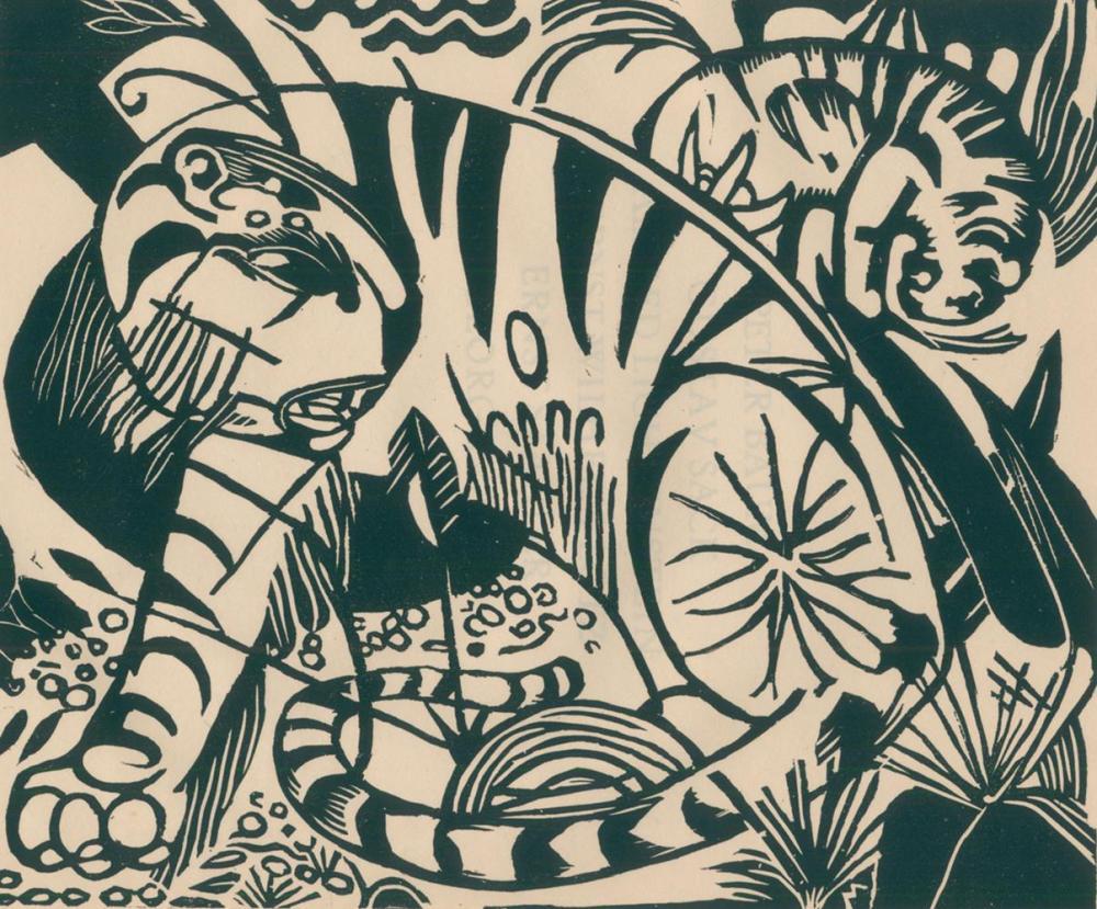 Przygode,W. (Hrsg.).: Buch der Toten. Mchn., Roland-Vlg. 1919. Kl.Fol. Mit 1 Holzschnitt von Franz Marc. XI, 83 S., 4 Bl. Opbd. mit priv. illustr. Umschl. In 1400 Ex. gedruckt. - Papierbedingt gering gebräunt. - λ