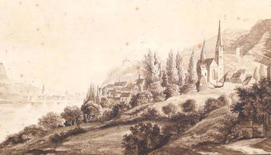 Bingen am Rhein.: Anonymes Sepia-Aquarell ähnlich der Aquatintarad. n. Christian Georg Schütz d.J., um 1800. Blgr. 16 x 27,7 cm. An 3 Seiten schwarze Tuscheinfassung. Alt mont. u. dort bez. "Bingen 1799". - E