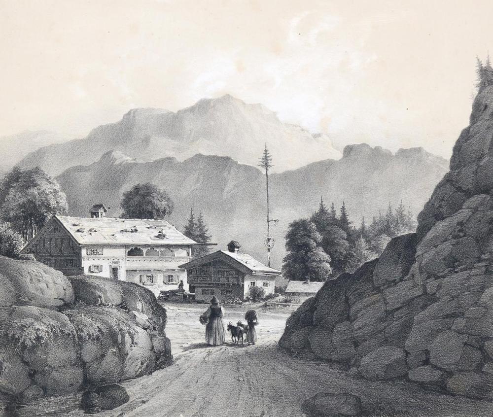 Alberschwende.: Blick durch eine steingesäumte Straße auf 2 Häuser, im Hintergrund auf Vorlarlberger Berge. Getönte Lithographie v. E.Edinger bei G.Küstner für Ebner, Stgt. aus: Ansichte