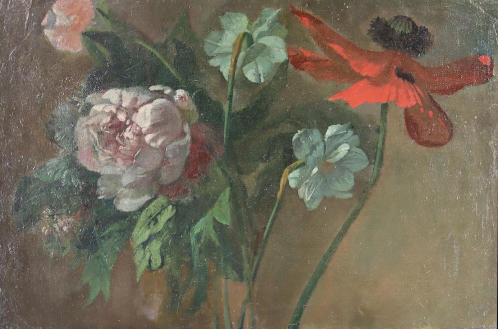 Stilllebenmaler: n. niederländischem Vorbild des 17.Jh. Bouquet mit Pfingstrosen und Klatschmohn. Öl auf Lwd., doubliert. 32,5 x 49,5 cm. Verso auf Keilrahmen mit hs. Hinweis auf Willem van Aelst (1627-1683)