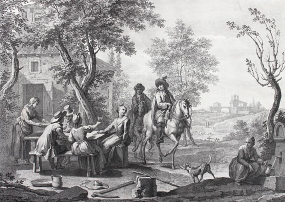 Genre-Darstellungen.: 4 Radierungen mit Gesellschaften o. rastenden Hirten. Je ca. 38 x 52,5 cm. Je mit Namensz. in der Pl. ╔Enthält:╗ Joseph Wagner (1706-1780) (2) u. Francesco Bartolozzi (1727-1815) (2).
