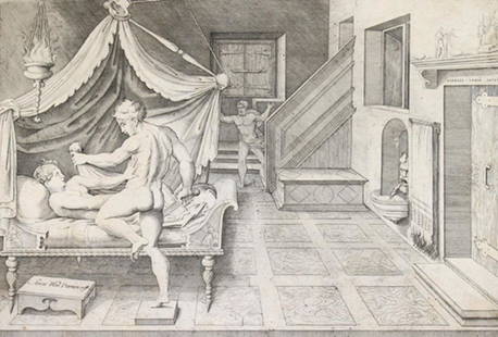 Losi, Carlo: (ca. 1773, in Rom tätig). Die Vergewaltigung Lucretias durch Tarquinius. Kupferstich auf Bütten n. Enea Vico (1523-1567). 28 x 41 cm. In der Pl. bez. u. dat. "Aeneas Vicus Parmen rest./ In R