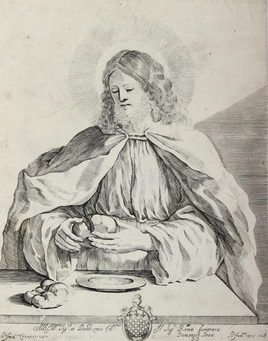 Muccio, Giovanni Francesco: (1620-1665). Christus bricht das Brot. Radierung n. einem verschollenem Gemälde von Guercino auf Bütten mit WZ "G im Doppelkreis mit Kreuz darüber", um 1640. Blgr. 28,7 x 22,3 cm. Knapp