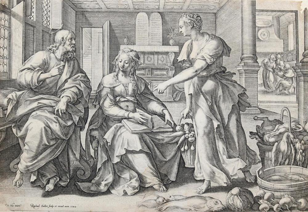 Sadeler, Raphael I: (1560 Antwerpen - München 1632). Christus im Haus von Maria u. Martha. Radierung auf Bütten n. M. de Vos 1584. Blgr. 19,1 x 27,8 cm. Mit den Namensz. u. Datum i.d. Platte. Tls. mit kl. Rd. u