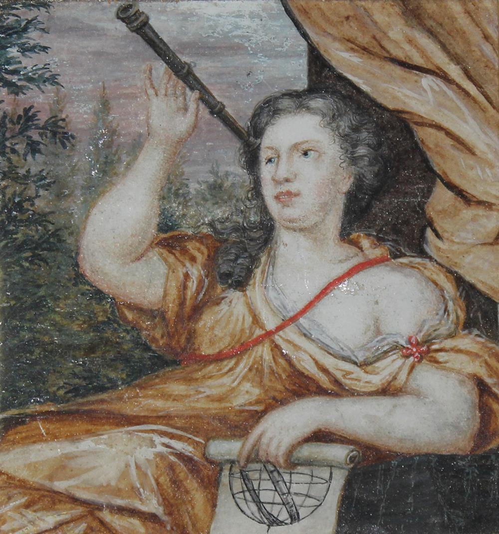 Urania.: Allegorische Darst. der Muse Urania. Mischtechnik auf Pergament, 1782. Ca. 11 x 11 cm. Hinter Passep. mit Lwd.-Bezug mont. Verso mit altem hs. Vermerk: "Dieß Bild hat ein 75jähriger Mann ohn