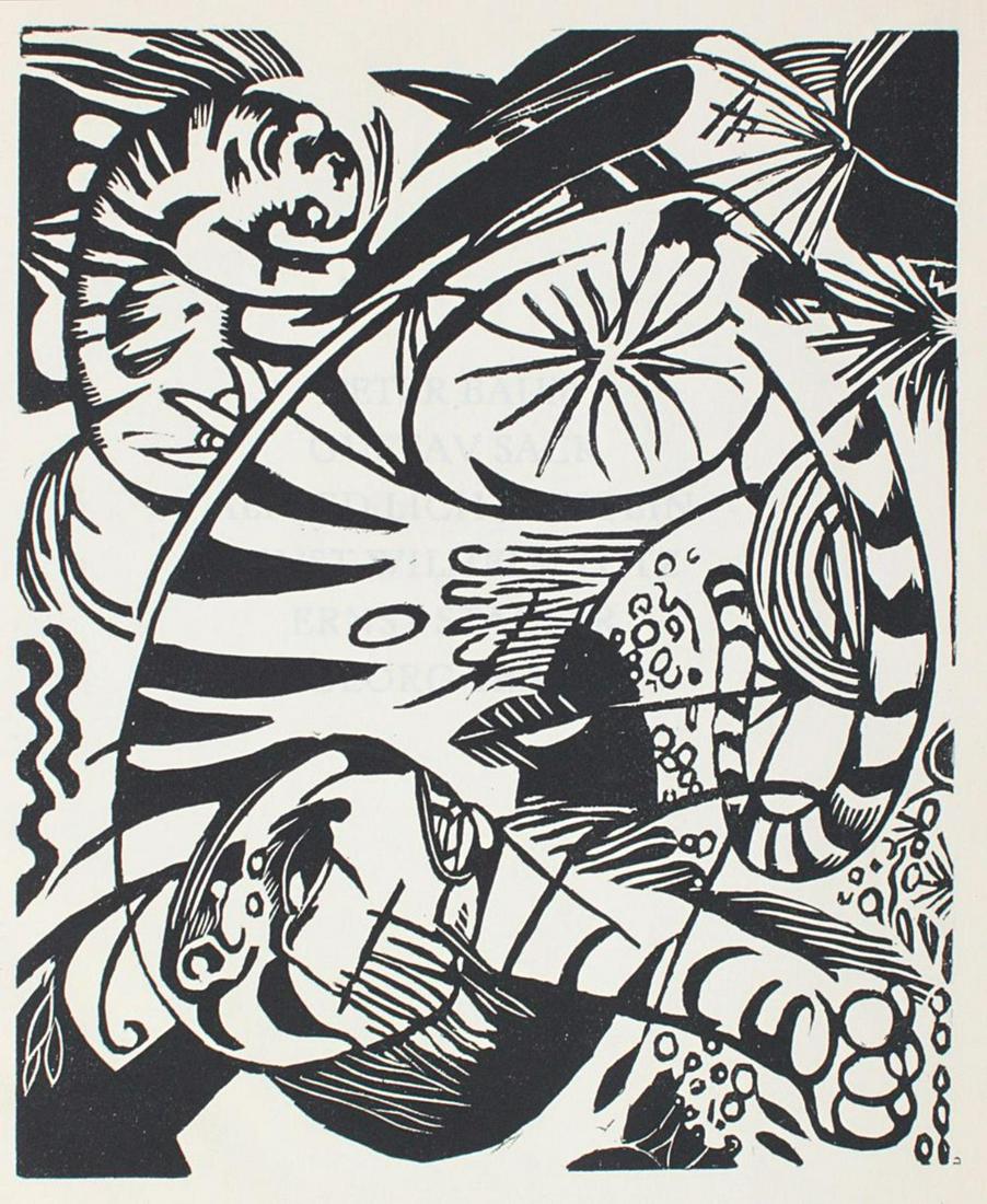 Przygode,W. (Hrsg.).: Buch der Toten. Mchn., Roland-Vlg. 1919. Kl.Fol. Mit 1 Holzschnitt von Franz Marc. XI, 83 S., 4 Bl. pbd. mit lädierte, U. - In 1400 Ex. gedruckt. - Papierbedingt gering gebräunt.