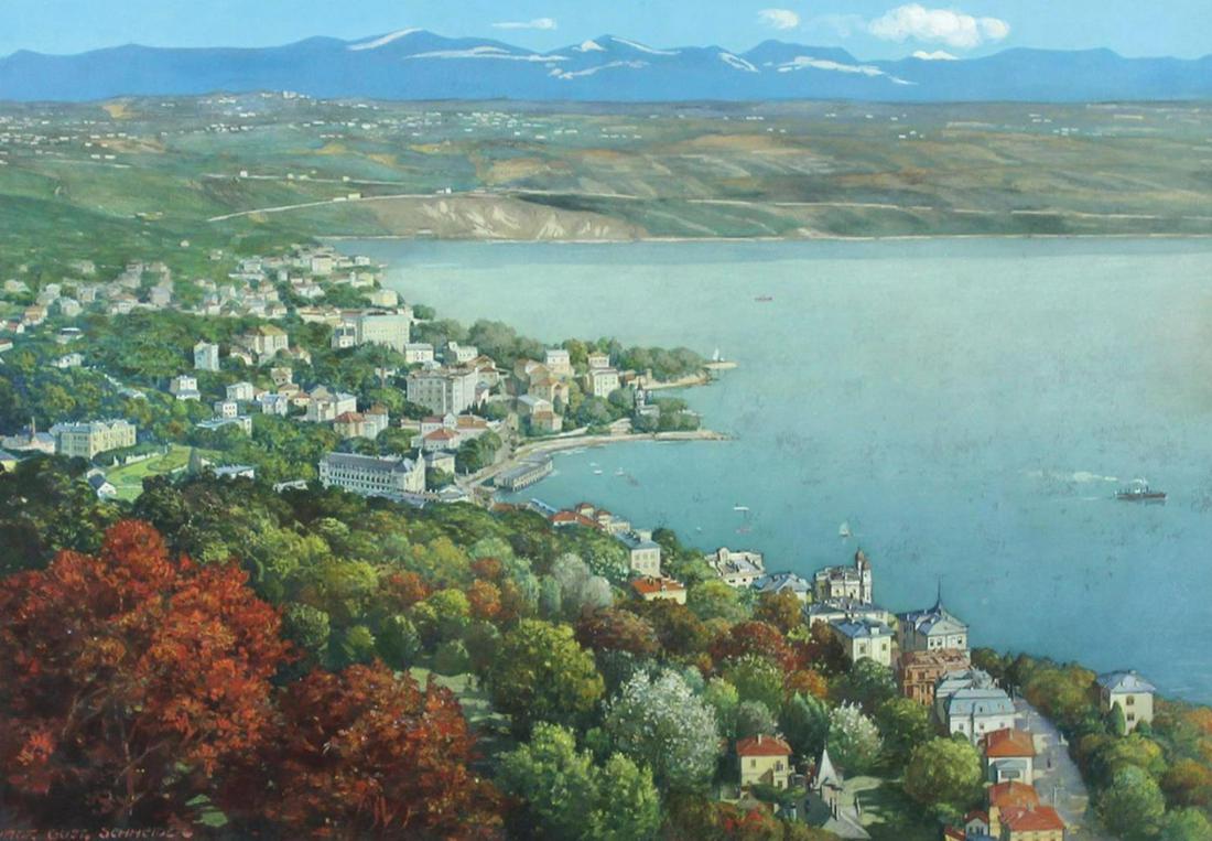 Abbazia/ patija.: Ansicht der Stadt in der Kvarner Bucht in Istrien von erhöhtem Standort. Gouache auf Bütten, unt. li. sign. o. zugeschr. "Prof. Gust. Schneider", wohl Gustav Schneider (1885-1915), um 1910.