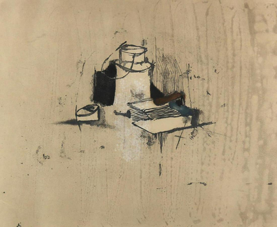 Antonini, Annapia: (1942 Luzern, lebt u. arb. in Paris). Per mirtilli. Milchkanne. Getönte Kaltnadelradierung. Plgr. 30,5 x 37,5 cm. Sign., betitelt u. num. Unter Passep. u. Glas gerahmt (nicht ausgerahmt). - D