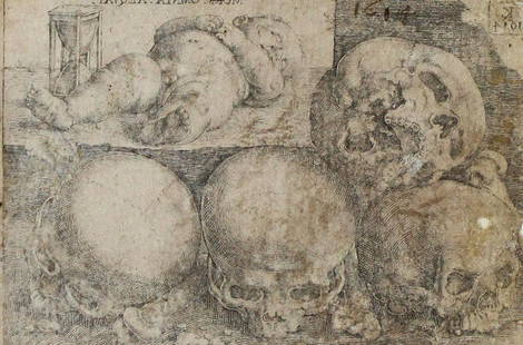 Kilian, Lucas: (1579 Augsburg 1637), zugeschr. Schlafendes Kind mit vier Totenschädeln. Kupferstich 1614. Gegenseitige Kopie nach Barthel Beham. Contre-Epreuve. Ca. 5,3 x 7,6 cm. M. d. Monogr. u. Dat. ob. re. s