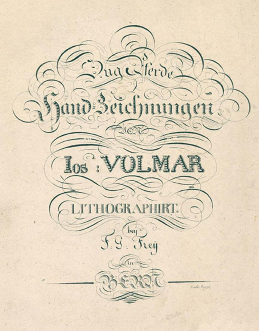 Volmar, Joseph Simon: (1796 Bern 1865). Zug Pferde. Handzeichnungen von Jos. Volmar. Lithographirt bey F. G. Frey in Bern. Bern, Frey (um 1819/20). 25 x 35,5 cm. Mit 5 lithographierten Abbildungen und kalligraphiertes Tite