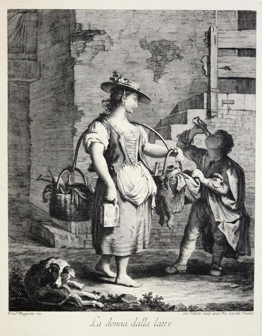 Volpato, Giovanni: (1735 Bassano del Grappa - Rom 1803). La donna dalla latte. Radierung m. Kupferstich nach Francesco Maggiotto bei N. Cavalli. Plgr. ca. 37,5 x 29,2, Darst. ca. 33,0 x 27,2 cm. M. d. Namensz., Verleger