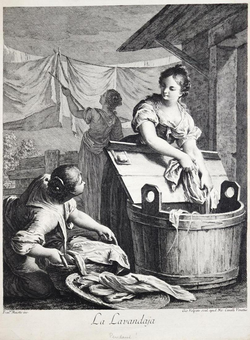 Volpato, Giovanni: (1735 Bassano del Grappa - Rom 1803). La Lavandaja. Radierung m. Kupferstich nach Francesco Maggiotto bei N. Cavalli. Plgr. ca. 37,9 x 29,2, Darst. ca. 33,0 x 27,0 cm. Knapp außerh. d. Plrd. besc
