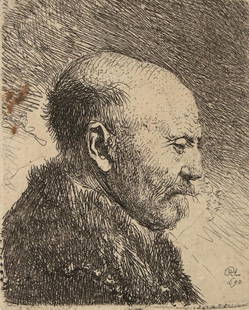 Rembrandt van Rijn, Bald-headed man in right profile: Rembrandt van Rijn, Harmensz: (1606 Leiden - Amsterdam 1669). Bald-headed man in right profile. Etching. 6.9 x 5.7 cm. 1630. B. 292, White/Boon (Hollstein) 292 III, Nowell-Usticke 292 II, Hinterding/R