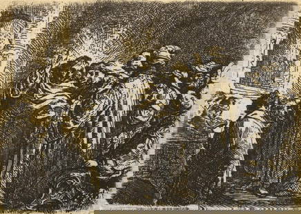 Rembrandt van Rijn, The Tribute Money: Rembrandt van Rijn, Harmensz: (1606 Leiden - Amsterdam 1669). The Tribute Money. Etching. 7.3 x 10.2 cm. Circa 1634. B. 68, White/Boon (Hollstein) 68 II, Nowell-Usticke 68 III, Hinterding/Rutgers (New