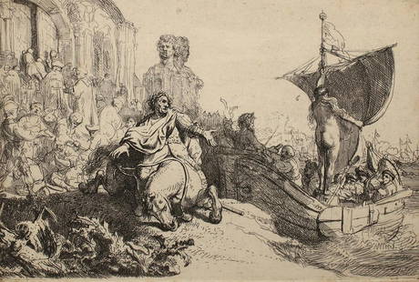 Rembrandt van Rijn, The Ship of Fortune: Rembrandt van Rijn, Harmensz: (1606 Leiden - Amsterdam 1669). The Ship of Fortune. Etching. 11.1 x 16.7 cm. 1634. B. 111, White/Boon (Hollstein) 111, Nowell-Usticke 111, Hinterding/Rutgers (New Hollst