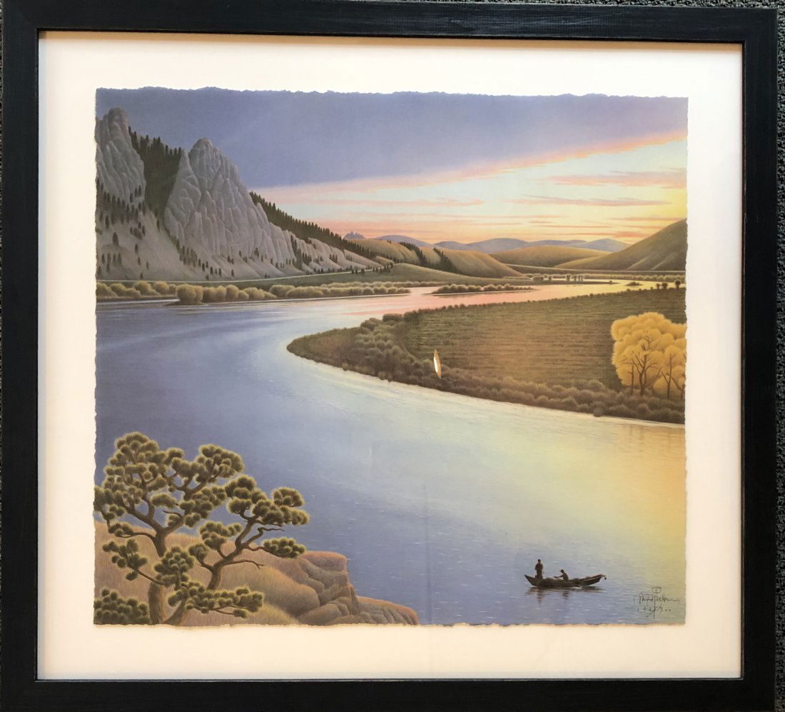 Big Bend on the Missouri, Monte Dolack: This lithograph is part of the Upper Missouri River Series created by Monte Dolack and portrays a sweeping landscape of the Missouri river in fall—complete with towering cliffs, golden cottonwood tr