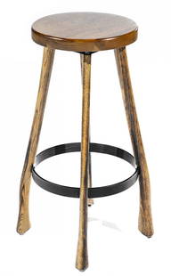 Axe Handle Stool: By Western Hands Artisan John Gallis's bar height stool features smooth walnut atop four hand finished axe handles. A wide metal ring reminiscent of barrel hoops provides a comfortable and stylish per