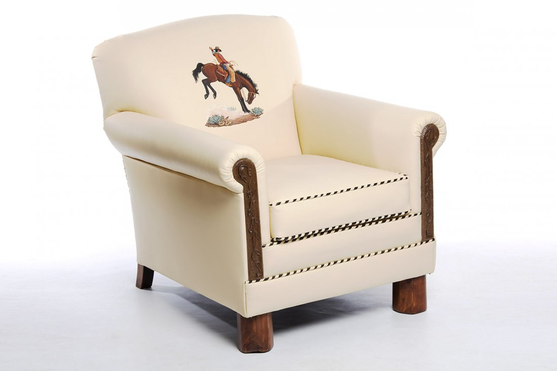 Cowboy Club Chair: By Western Hand's Artisan Lester Santos's Fully upholstered Leather Club Chair. Stunning fully upholstered leather club chair. Featuring a cowboy on a bucking bronc.