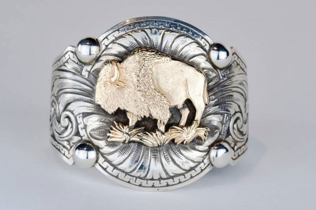Sterling Silver Bracelet w 14K Gold Buffalo: By Western Hands Artisan Ernie Marsh's Large sterling silver cuff bracelet with hand-cast overlaid 14K gold buffalo from artist's original mold and hand-engraved details.