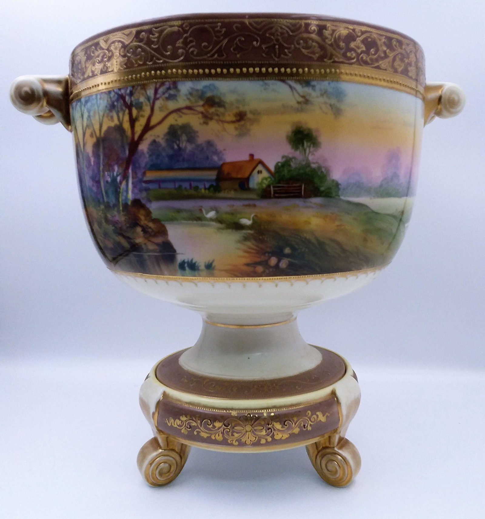 Morimura Gold Encrusted Pictorial Punch Bowl w/Base: Monumental Hand Painted Nippon Morimura Gold Encrusted Punch Bowl With Base. Double Handled Hand Painted Heavily Gold Encrusted Morimura Punch Bowl. Fully stamped underside. Measurements are given inc