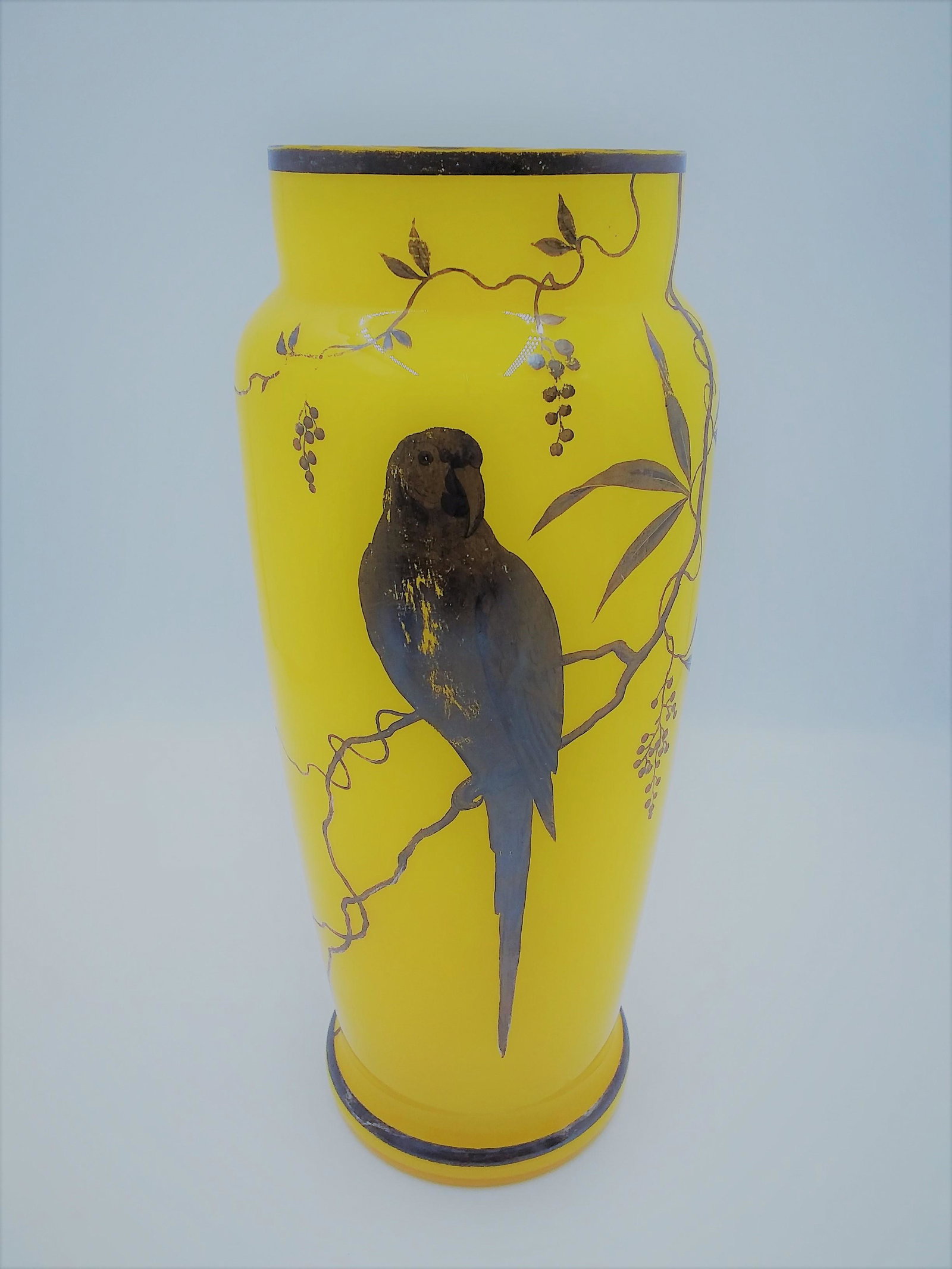 Czech Bohemian Art Glass & Silver Overlay Yellow Vase: Vintage Czech/Bohemian Art Nouveau Yellow Art Glass Vase W/Silver Overlay Depicting a Parrot on branch & vines. Unsigned