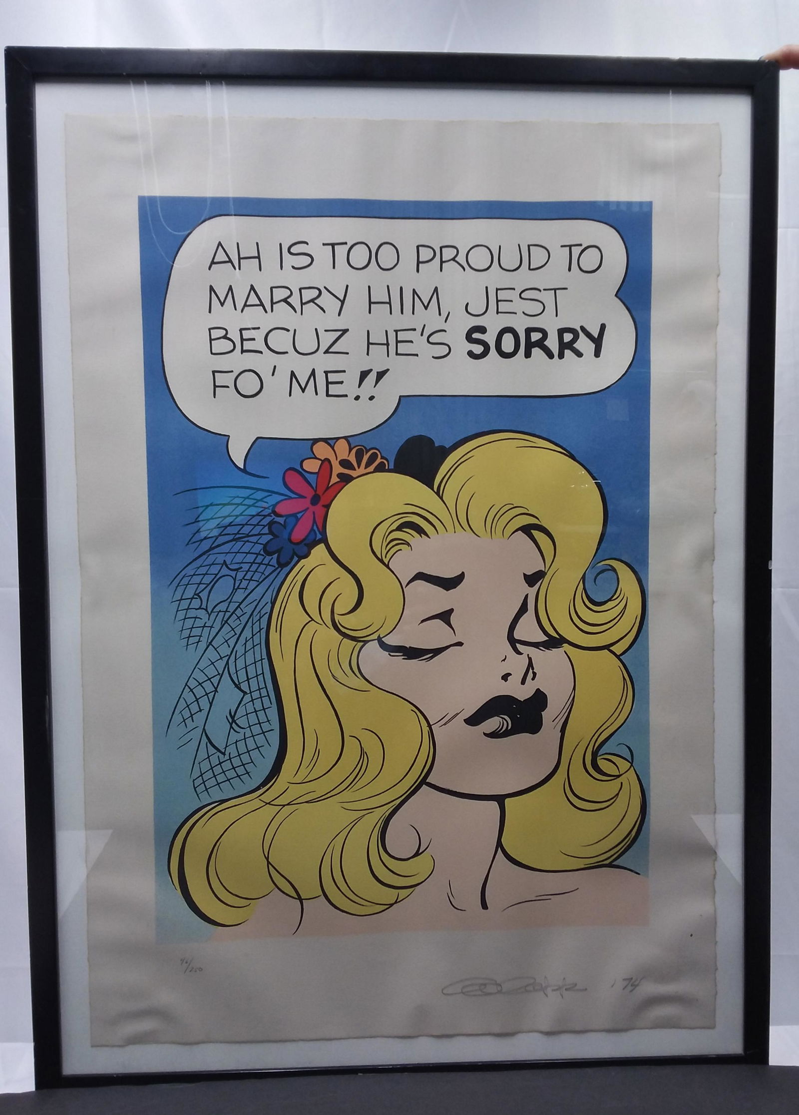 1974 Al Capp Li'l Abner Daisy Mae Serigraph: Signed 1974 Al Capp (1909-1979) Li'l Abner Daisy Mae Serigraph. This particular one is numbered 46/250. Not removed from current frame, it has ripples as it was obviously not properly framed and matte