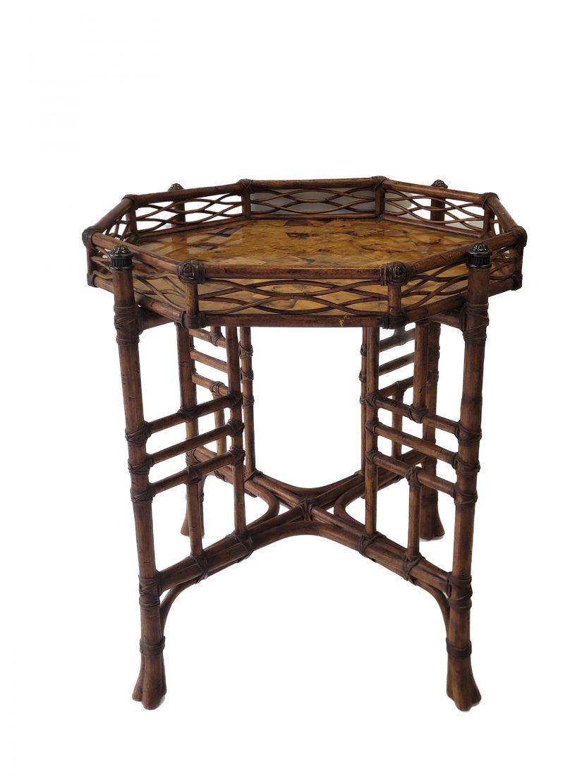 Lexington Faux Bamboo & Burlwood Tray Table: Lexington Faux Bamboo & Burlwood Tray Table. Original tags showing maker & date. Approximately: 27" Tall - 23" across top. Free pick-up at our warehouse. Shipping is done by a 3rd party shipper and wi