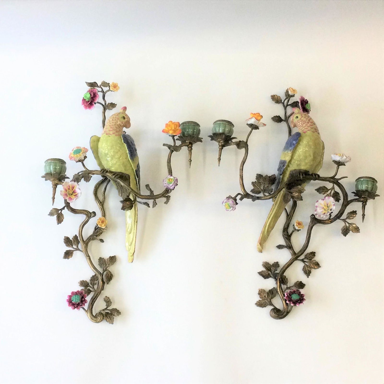 Pair of Ceramic & Brass Bird Wall Candle Sconces: 20th C. Pair of Ceramic & Brass Bird Wall Candle Sconces possibly Italian. Approximate size 18.5 inches tall x 12.5 inches wide, combined weight approximately 15 lbs. Free pick-up at our warehouse. Sh
