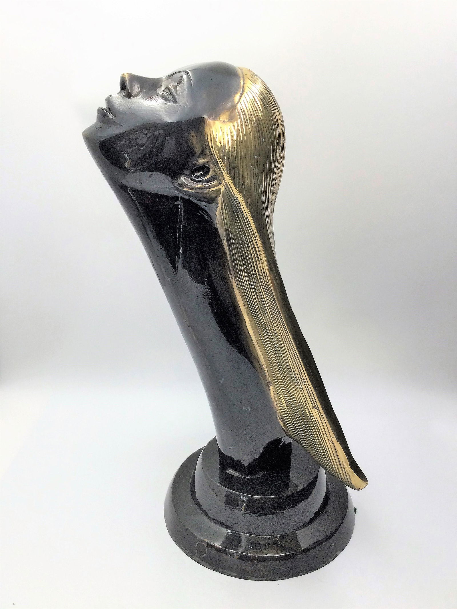 After Pierre Traverse Signed Female Head Sculpture: Traverse Signed Female Head Sculpture, signed on base. Approximate Size 20.5 inches tall x 9.5 inches across base, approximate weight 26 pounds. Free pick-up at our warehouse. Shipping is done by a 3r