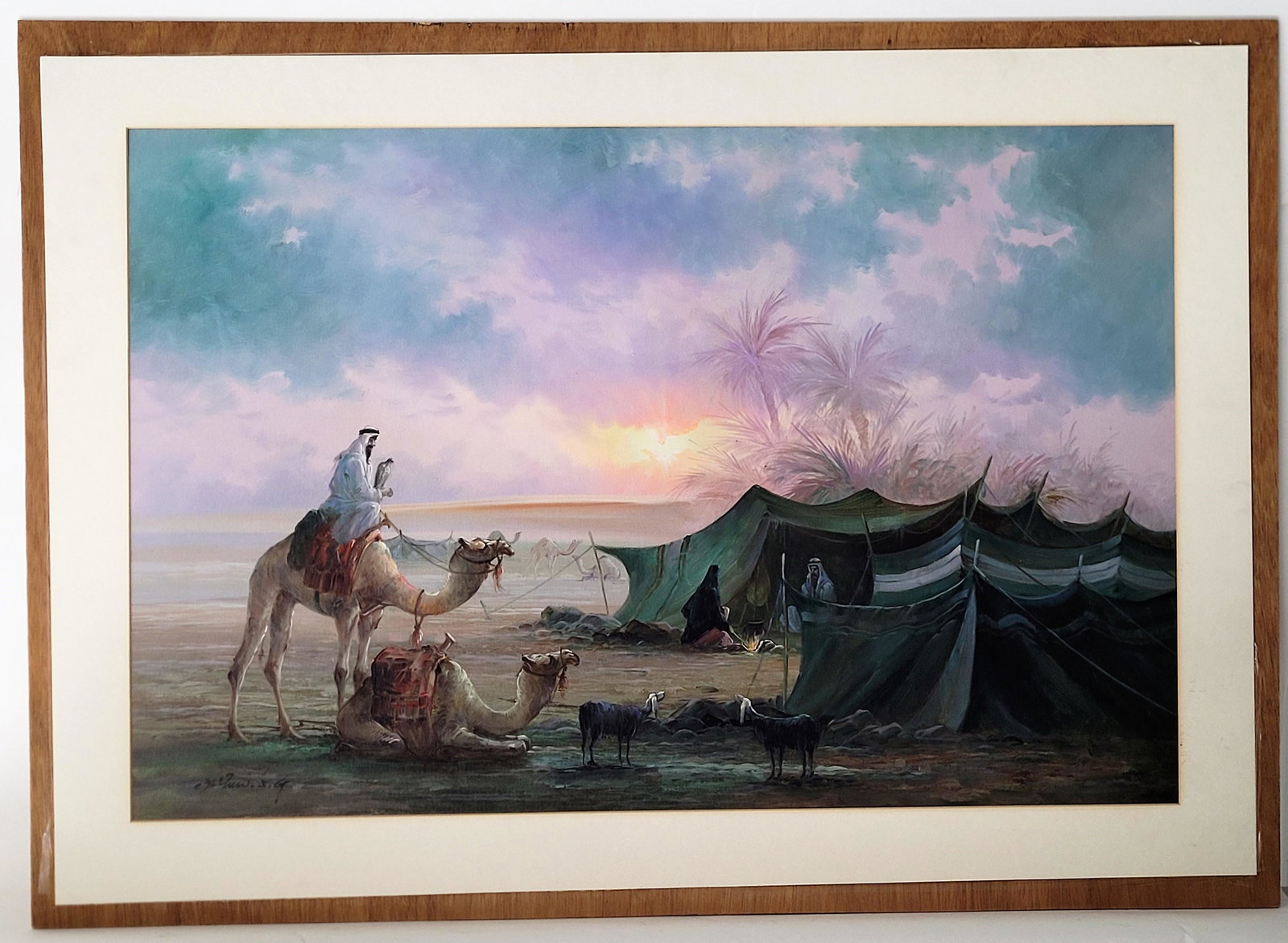 20th Century Mystery Artist Oil on Canvas Arabian Camp: 20th Century Mystery Artist Arabian Camp Oil on Canvas, signed on lower left. Visible portions 33.5 inches wide x 21.5 inches tall, No frame. Free pick-up at our warehouse. Shipping is done by a 3rd p