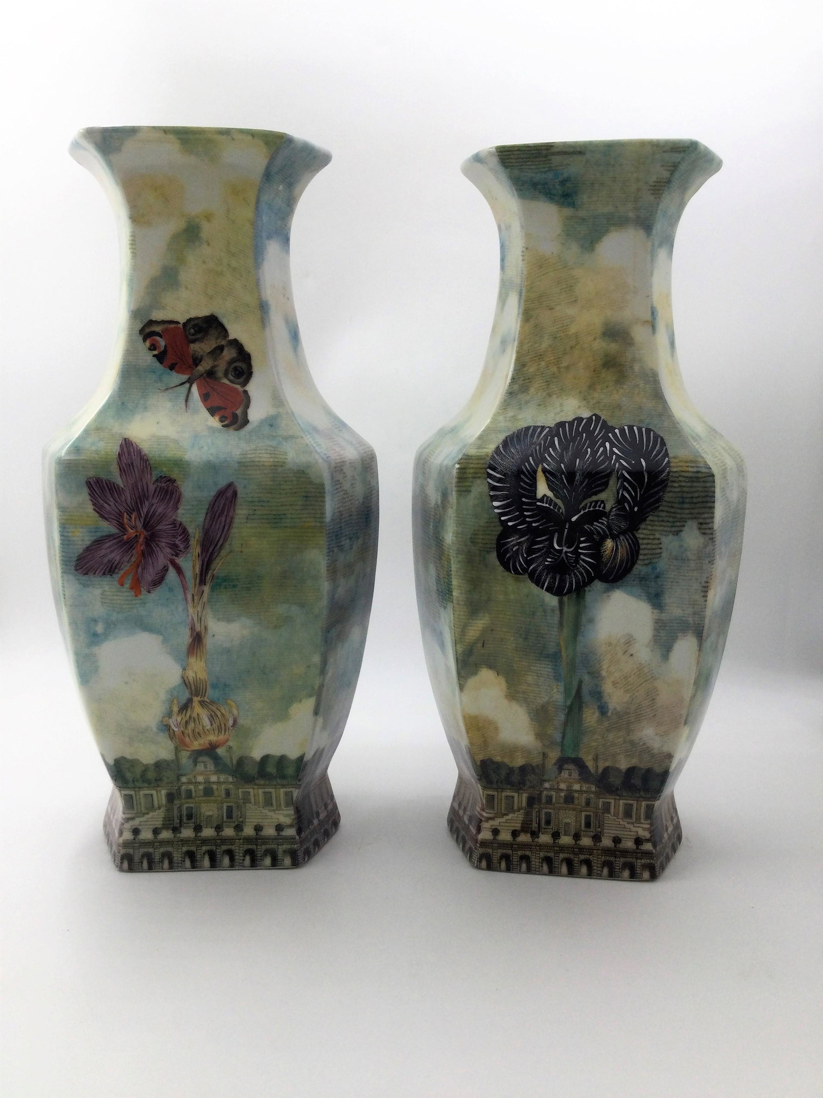 Pair of John Derian Floral Pattern Large Vases: Pair of John Derian Floral Pattern Large Vases. Approximate size for the 2 is 16 inches tall x 6.5 inches wide. Free Pick-up at our warehouse. Shipping is done by a 3rd party shipper and will be invoi