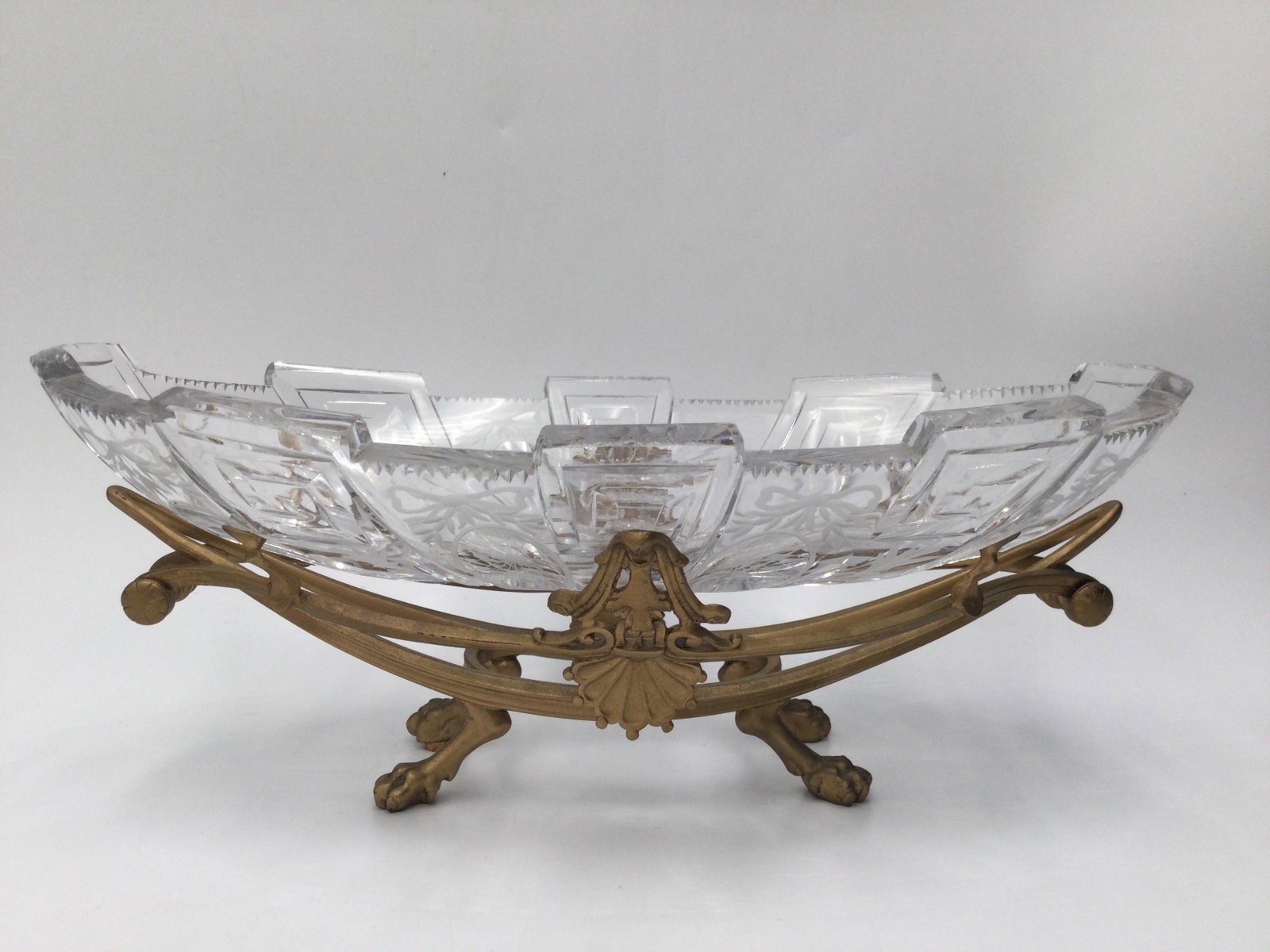 Hawkes Engraved Glass Boat on Footed Brass Stand: Hawkes Engraved Glass Boat on Footed Brass Stand. Approximate measurements: 4" T x 6" W x 11.5" L. Free pick-up at our warehouse. Shipping is done by a 3rd party shipper and will be invoiced separatel