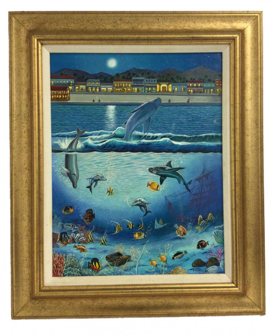 P. Pereda Cuban/American Oil on Canvas: P. Pereda Cuban American Artist Oil on Canvas Depicting Sea Life. Art 17.5 tall x 13.5 wide - frame 24 tall x 20 wide x 1.5 deep