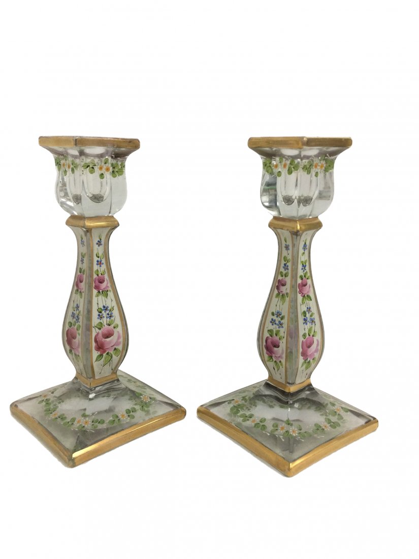 19th C. Hand Painted Crystal Candle Holders (1 of 7)
