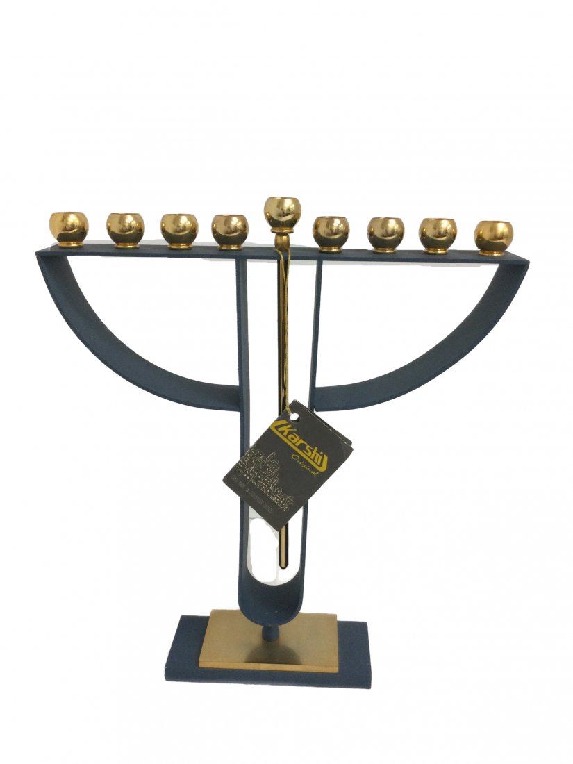 Karshi Steel & Brass Menorah: Karshi Steel & Brass Menorah. Measuring 11.5 tall x 10 wide x 1.5 deep, Weight 2.10 pounds.
