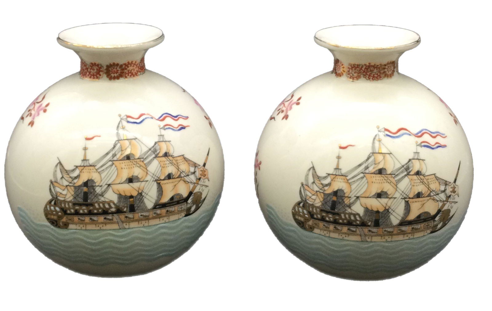 Pair of Chinese Bulbous Shaped Vases: Pair of Chinese bulbous Shaped Vases, depicting Naval Artillery Sail Ships, chop marked as photographed. Measuring 7 tall x 5.5 wide. Weight 3.5 lbs. For Shipping please contact your preferred provide