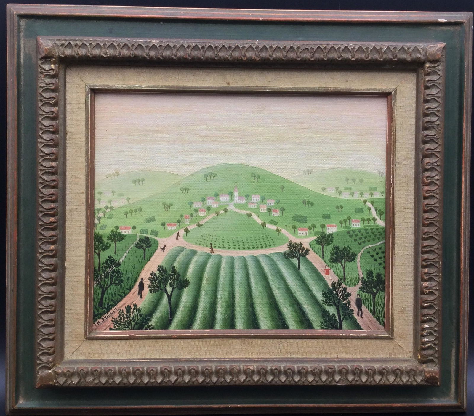 Therese Pouget (French) Oil on Canvas Depicting County: Therese Pouget (French) Oil on Canvas Depicting County Side. Approx. Size frame 14 tall x 16 wide, art 10 tall x 8 wide. For Shipping please contact your preferred provider or our provider; The UPS St