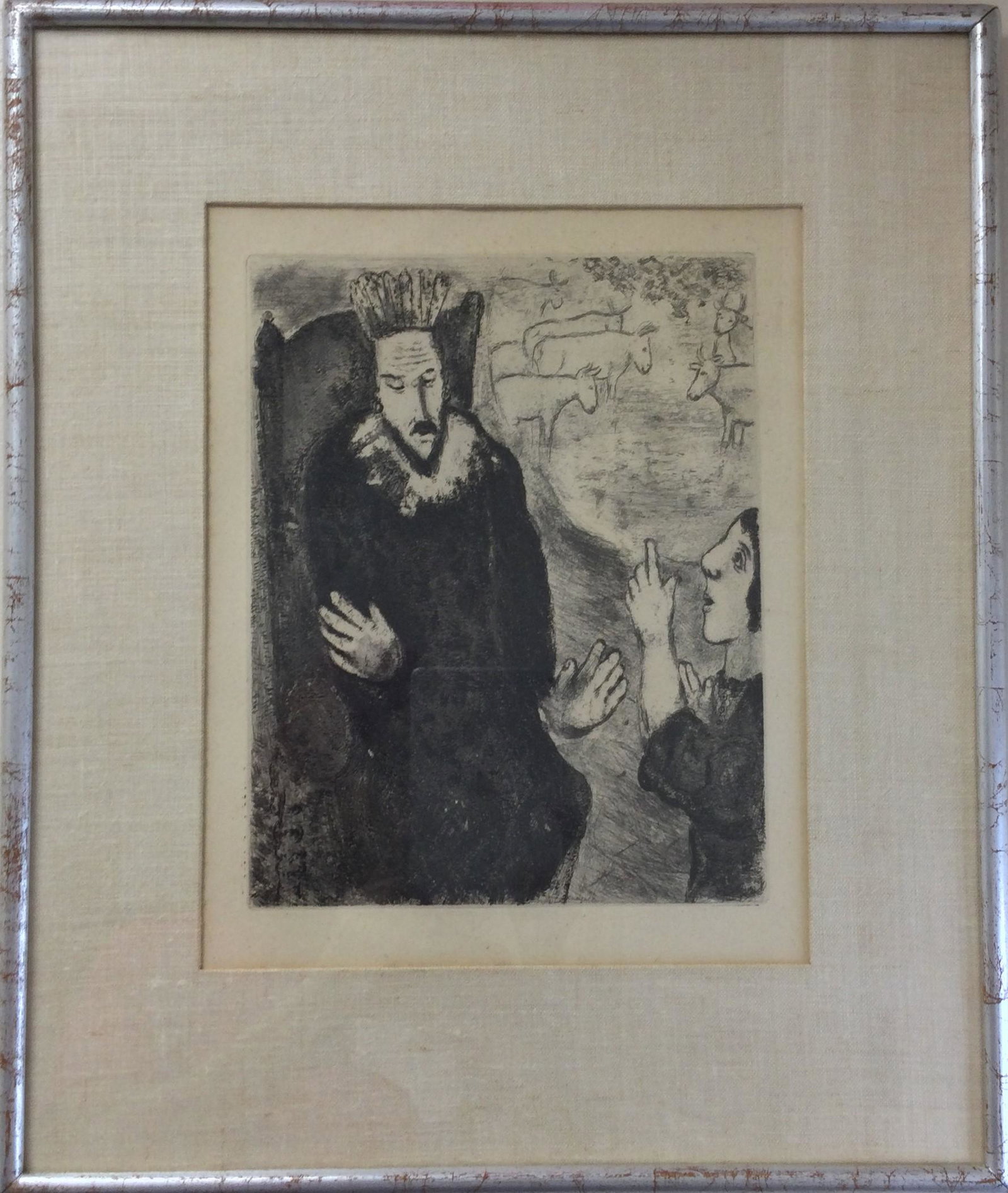 Marc Chagall Dry Point Etching Titled Joseph Explains: Dry Point Etching by Marc Chagall Titled Joseph Explaings. Approx. Size Frame 20.75 tall x 17.5 wide, visible 11 tall x 8.75 inches wide. For Shipping please contact your preferred provider or our pro