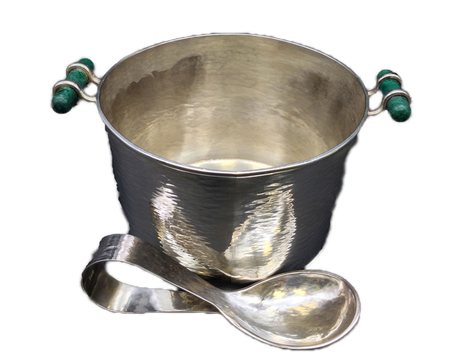 Sterling Silver Hand Hammered bowl & Spoon Malachite: Matching set of Sterling Silver hand hammered bowl with malachite handles & spoon, hallmark photographed. Approximate size2.5 tall x 3.75 wide, weight 127 grams. For Shipping please contact your prefe