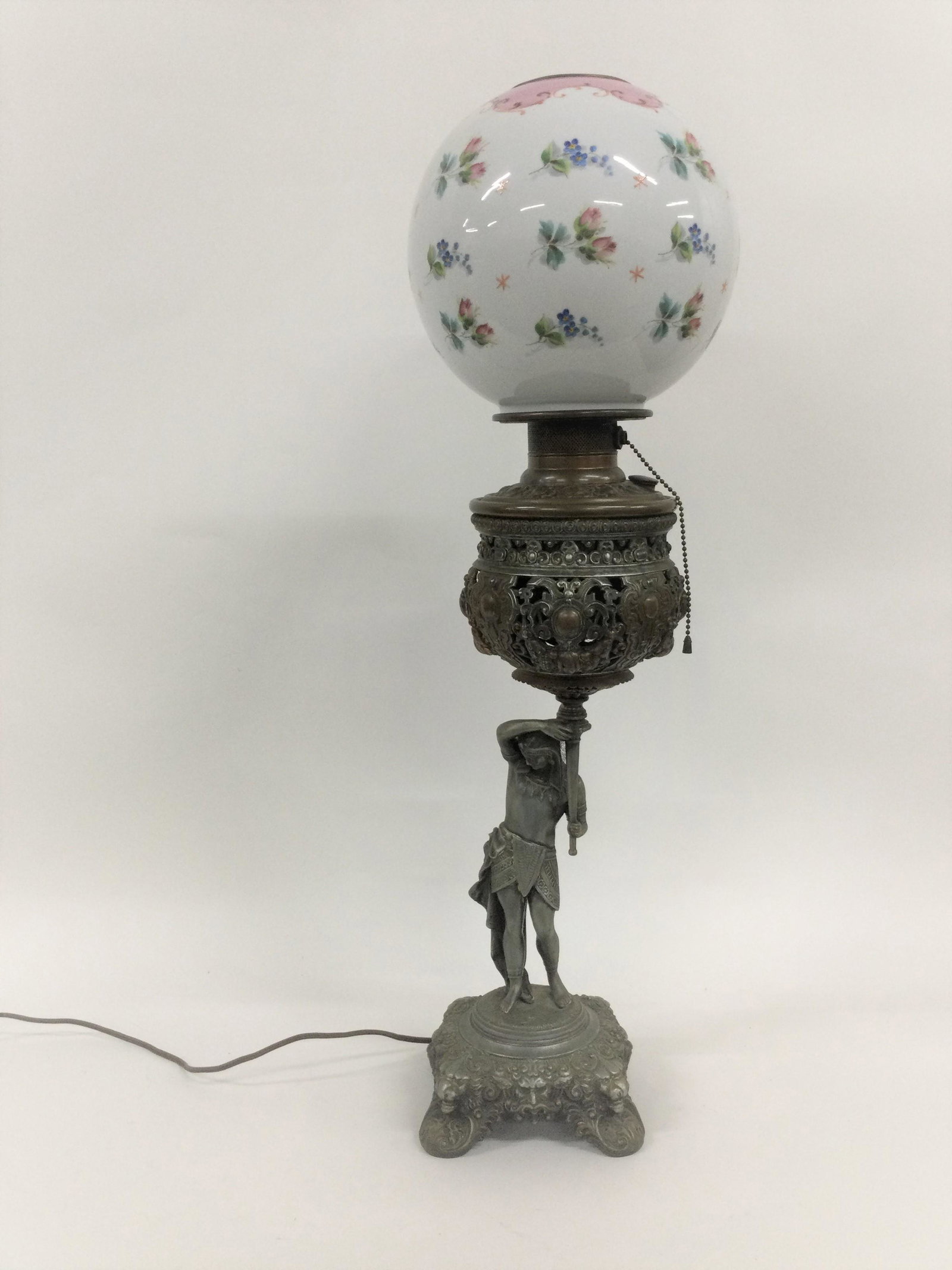 Antique Egyptian Revival Rochester Oil Lamp: Antique Egyptian Revival oil lamp, by The Rochester. Approximate size 30" tall with shade x 9 inches at widest, weight 10.5 lbs. For Shipping please contact your preferred provider or our provider; Th