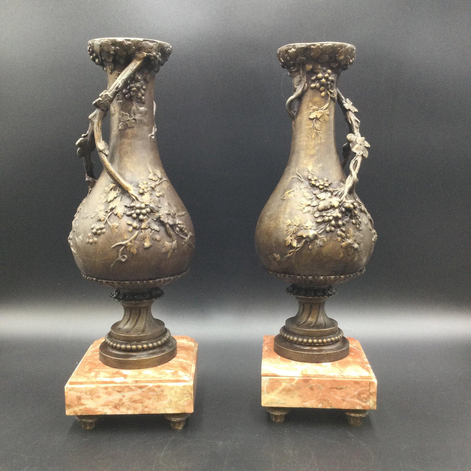Pr. French Bronze Art Nouveau Vases F & L Moreau: Pr. French Bronze Art Nouveau Vases signed F & L Moreau. Measuring approximately 14.5 tall x 4.75 at base. Weighing 6.5 lbs. For Shipping, please contact your preferred provider or our provider; The U