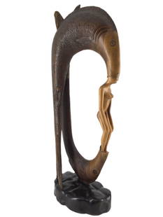 Carved Wood Sculpture Signed MUSA: Hand carved wood sculpture of a woman appearing out of 2 fish mouths. Signed MUSA. Approx. size 23 inches tall x 5 inches wide x 9 inches deep. Approx. weight 5 lbs. 14 oz.IMPORTANT: For Shipping,