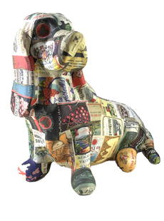 Papier Mache Pop Art Basset Hound: Pop art papier Mache of a basset hound Approx. size 18 inches tall x 21 wide x 9.5 deep. Approx. weight 4 lbs. IMPORTANT: For Shipping, please contact our provider; The UPS Store at (954) 454-1131 or