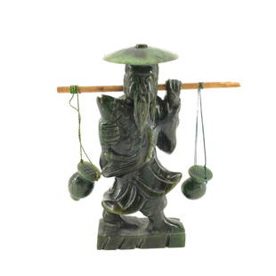 Highly Detailed Spinach Jade Carved Sculpture: Spinach jade sculpture of a fisherman with water jugs. Aproxx. size 5.25 inches tall x 5 wide x 1.25 deep. Approx. weight 10 oz. IMPORTANT: For Shipping, please contact our provider; The UPS Store at