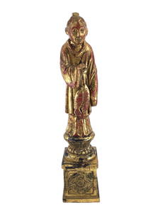 Chinese Gold Gilded Wooden Sculpture Clay Base: Gold gilded Chinese man sculpted from wood on a clay base. Approx. size 12.5 inches tall x 2.75 wide x 2.75 deep. Approx. weight 1 lbs. 7.9 oz. IMPORTANT: For Shipping, please contact our provider;