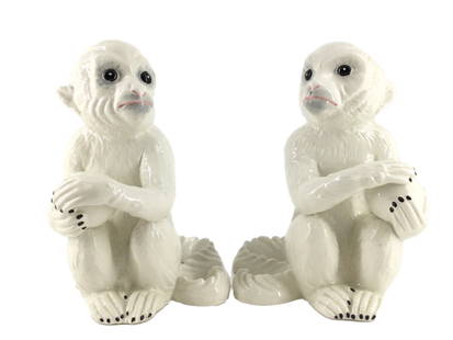 Chelsea House Port Royal Porcelain White Capuchin Monkeys: 2 Porcelain White Capuchin Monkeys made at Chelsea House Port Royal. Approx. size 8 inches tall x 7 wide x 6 deep. Approx. weight 2 lbs. 6 oz. IMPORTANT: For Shipping, please contact our provider; The