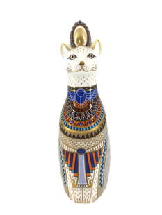 Royal Crown Derby Egyptian Cat Figurine: This Royal Crown Derby White and gold cat with multiple patterns and colors on Egyptian stylized hat, chest plate and robe. Approximately 8.5 tall x 2.5 wide x 3 inches deep, weight 8 ounces.