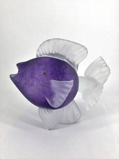 Andrew Shea Frosted Art Glass Fish: Purple and clear frosted glass art fish by Andrew Shea. Approx. size7.5 inches tall x 5.25 wide x 9 deep. Approx weight 3 lbs. 5 oz. IMPORTANT: For Shipping, please contact our provider; The UPS Store