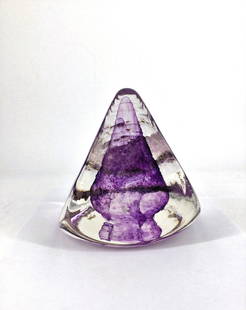 Andrew Shea Pyramid Amethyst Art Glass Sculpture: Clear exterior to purple interior pyramid glass art sculpture by Andrew Shea. Approx. size 6 inches tall x 5 wide x 5 deep. Approx. weight 6 lbs. 6 oz. IMPORTANT: For Shipping, please contact our