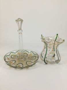 Antique Center-handle Tray & Ruffle Edge Vase Gold Encrusted. 2 piece: 2 piece set of gold and green encrusted on clear glass center-handle tray and ruffle edge vase. Tray is approx. 8 inches tall x 6.5 wide, approx weighing 13.9 oz. Vase is approx. 5 inches tall x 4.75